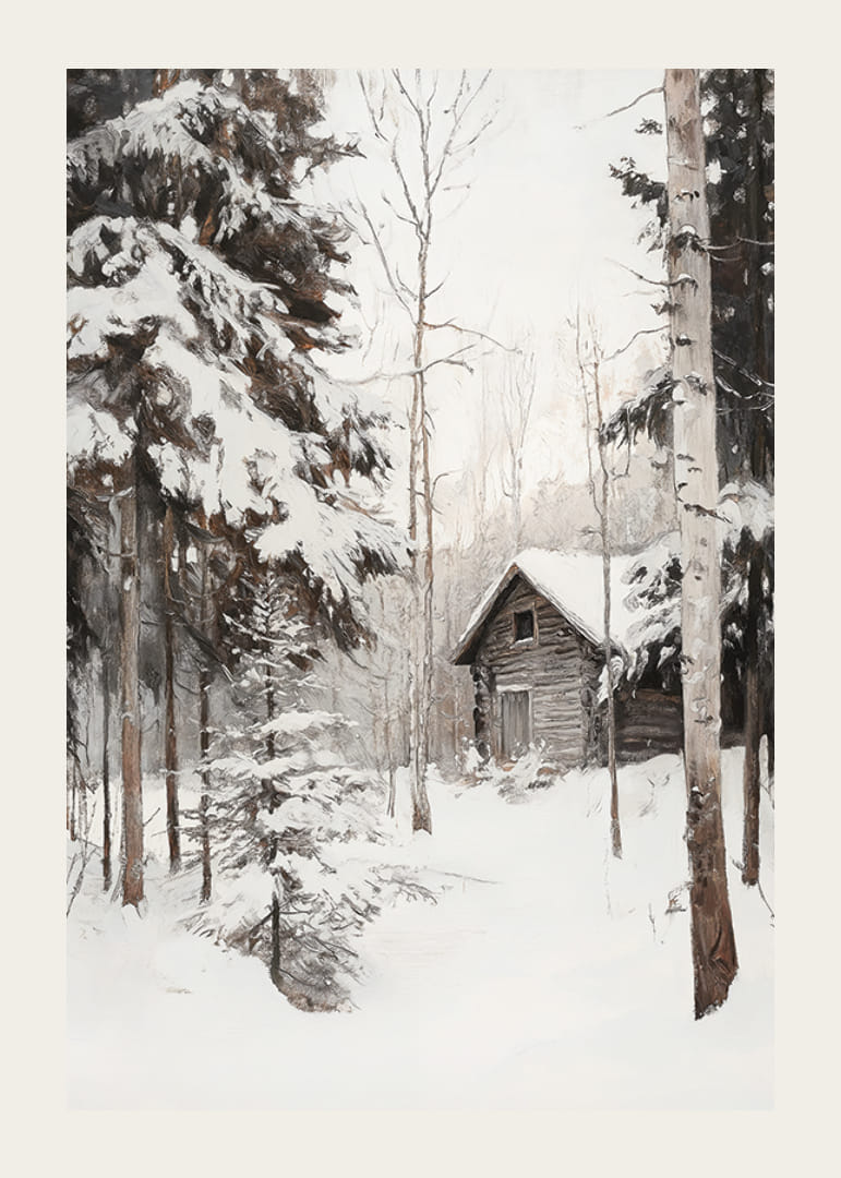 Chalet d'hiver peint entouré de sapins et de bouleaux enneigés-12