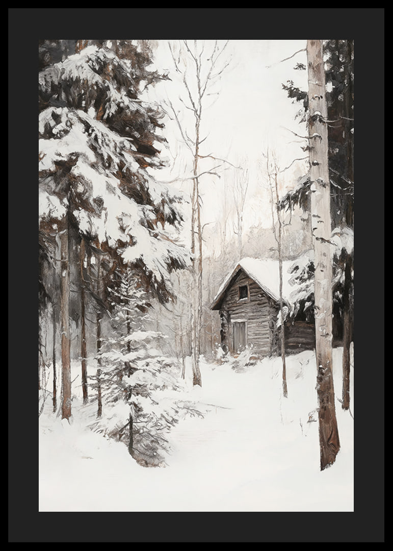 Painted winter cottage surrounded by snow-covered firs and birches-12