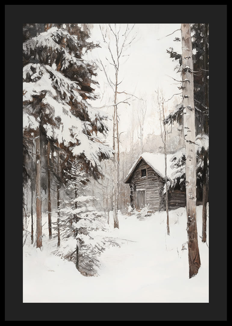 Chalet d'hiver peint entouré de sapins et de bouleaux enneigés-12