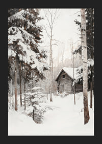 Painted winter cottage surrounded by snow-covered firs and birches-5