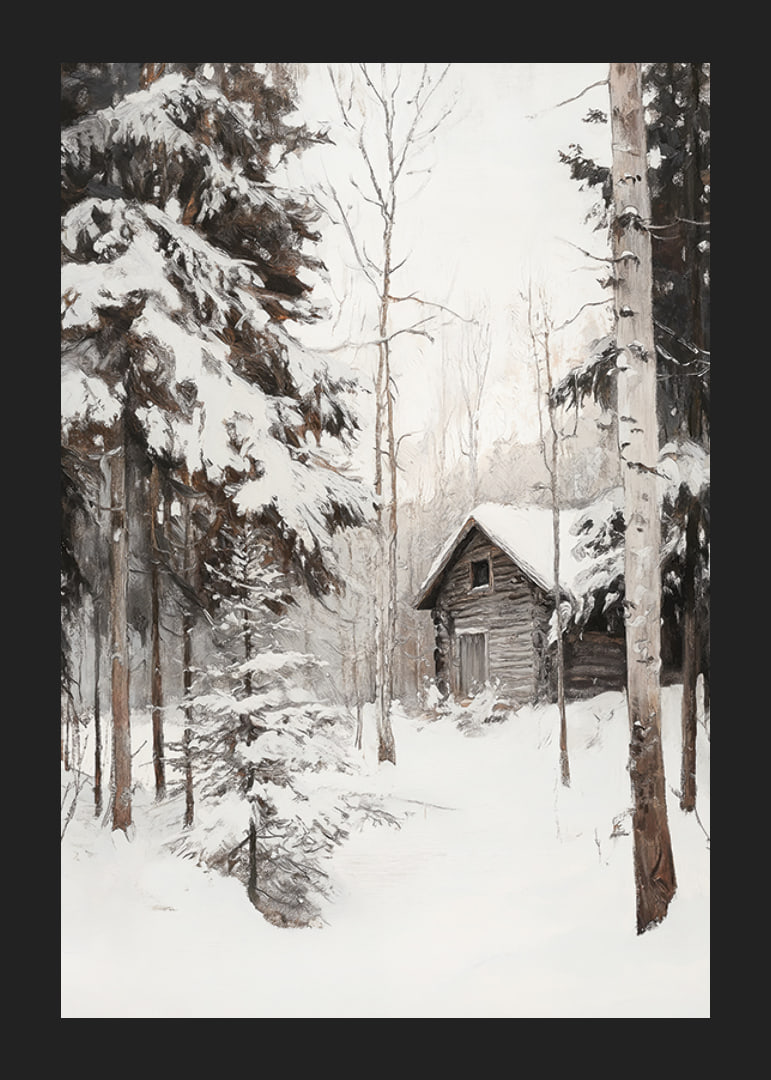 Painted winter cottage surrounded by snow-covered firs and birches-12