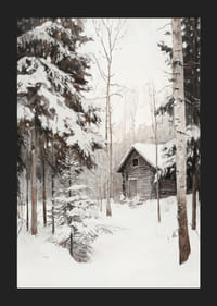 Chalet d'hiver peint entouré de sapins et de bouleaux enneigés-5