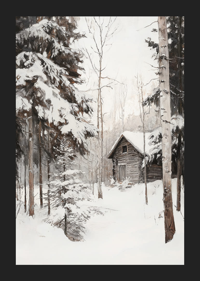 Chalet d'hiver peint entouré de sapins et de bouleaux enneigés-12