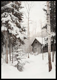 Painted winter cottage surrounded by snow-covered firs and birches-6