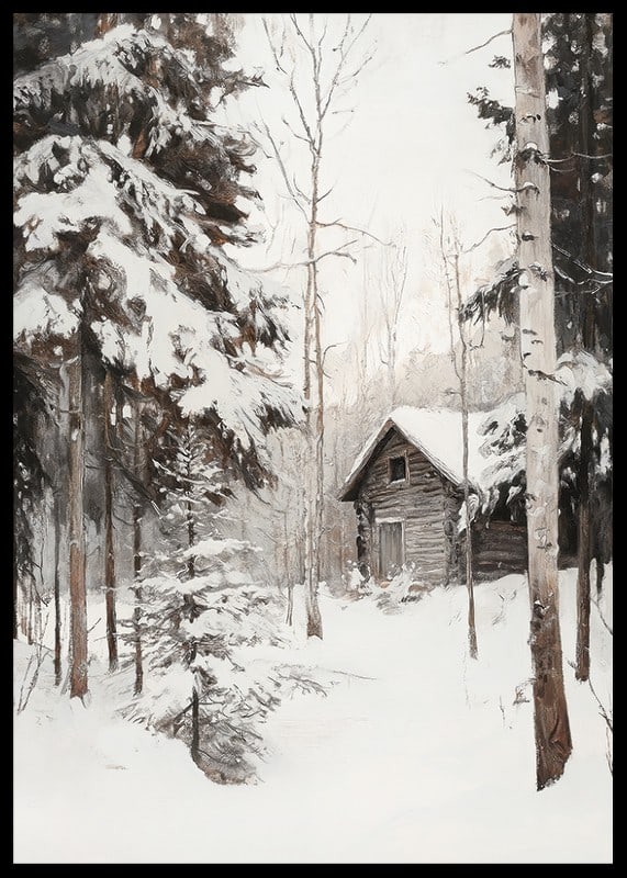 Painted winter cottage surrounded by snow-covered firs and birches-12