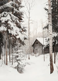 Painted winter cottage surrounded by snow-covered firs and birches-7