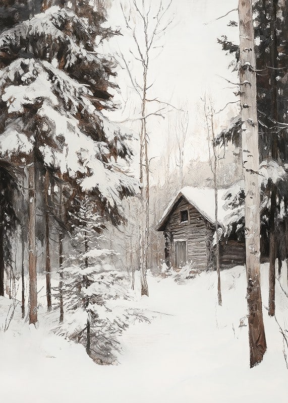 Painted winter cottage surrounded by snow-covered firs and birches-12