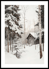 Painted winter cottage surrounded by snow-covered firs and birches-0