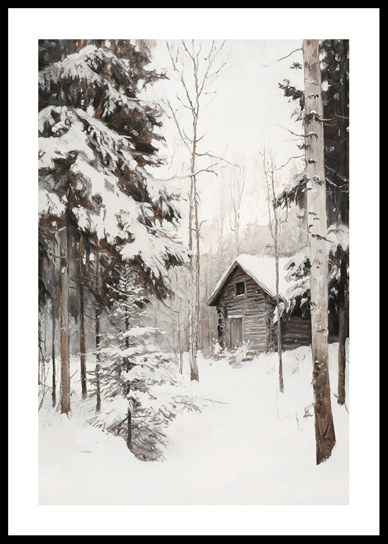 Painted winter cottage surrounded by snow-covered firs and birches-12