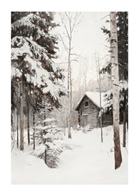 Painted winter cottage surrounded by snow-covered firs and birches-1