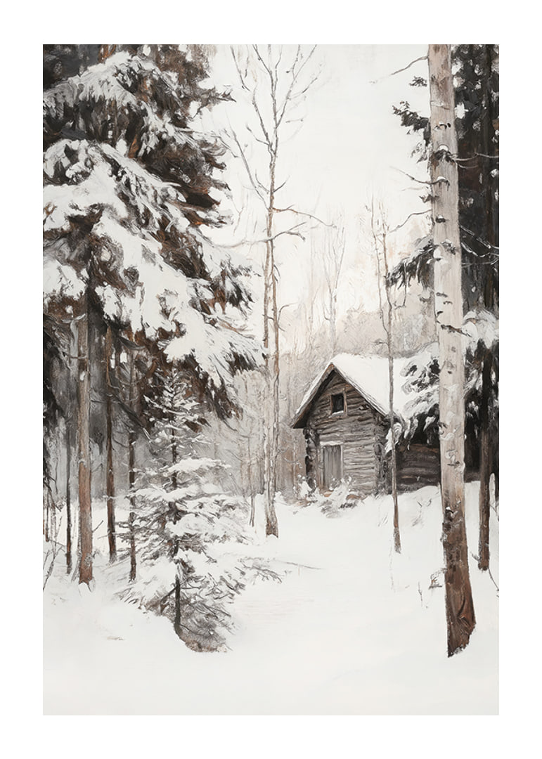Painted winter cottage surrounded by snow-covered firs and birches-12