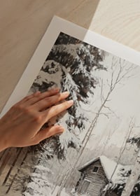 Painted winter cottage surrounded by snow-covered firs and birches-9