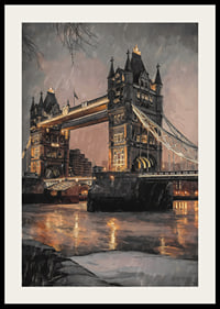 Poster med illustration av Tower Bridge i regnigt kvällsljus, varma toner-2