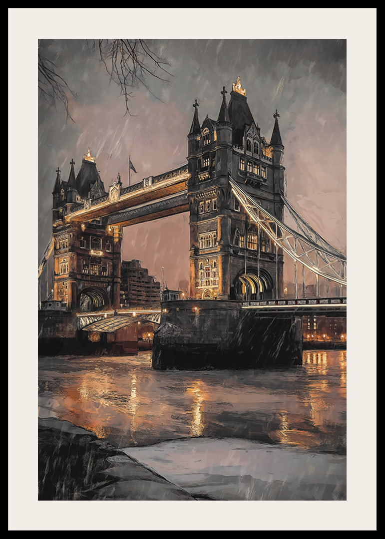 Poster med illustration av Tower Bridge i regnigt kvällsljus, varma toner-12