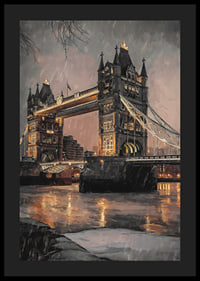Poster med illustration av Tower Bridge i regnigt kvällsljus, varma toner-4