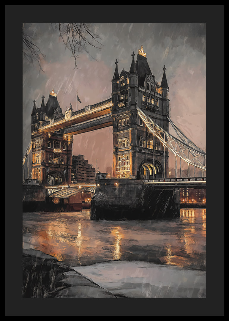 Poster med illustration av Tower Bridge i regnigt kvällsljus, varma toner-12
