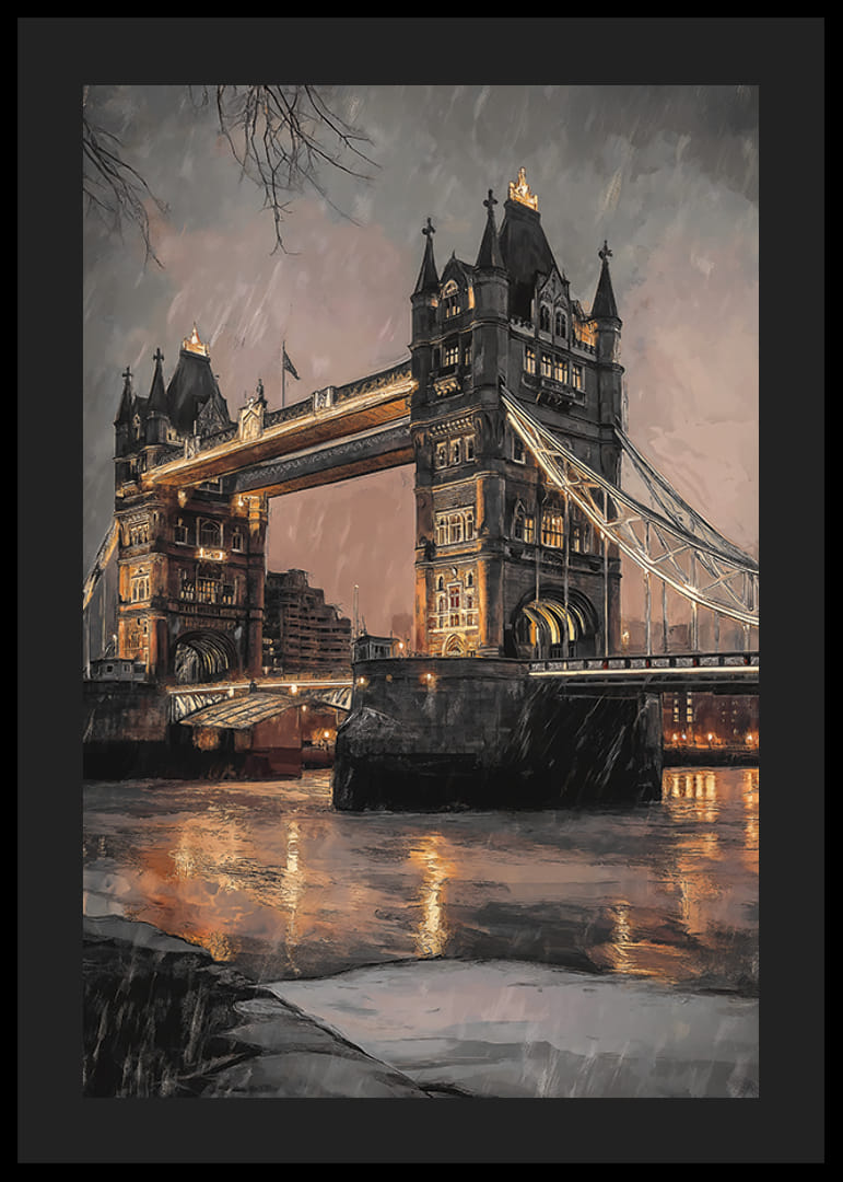 Poszter a Tower Bridge illusztrációjával esős esti fényben, meleg tónusokban-12
