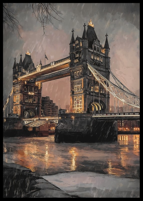 Poster med illustration av Tower Bridge i regnigt kvällsljus, varma toner-12