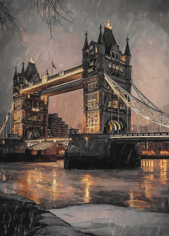 Poster med illustration av Tower Bridge i regnigt kvällsljus, varma toner-12