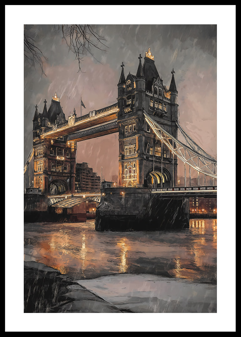 Poster med illustration av Tower Bridge i regnigt kvällsljus, varma toner-12