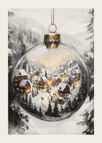 Globo di neve illustrato con villaggio invernale e case illuminate nella foresta-3