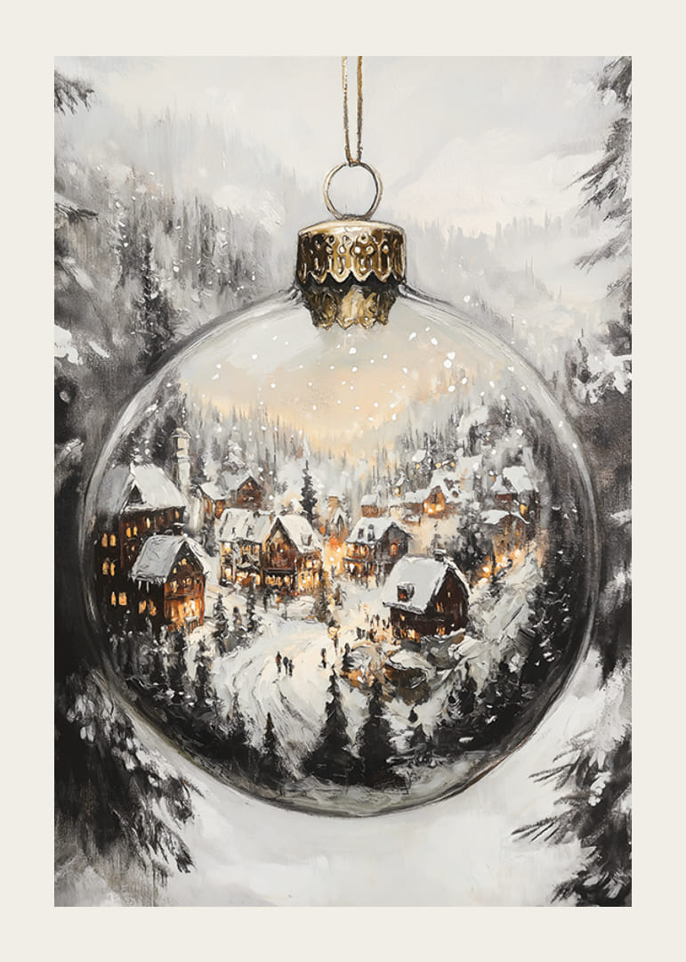 Globo di neve illustrato con villaggio invernale e case illuminate nella foresta-12