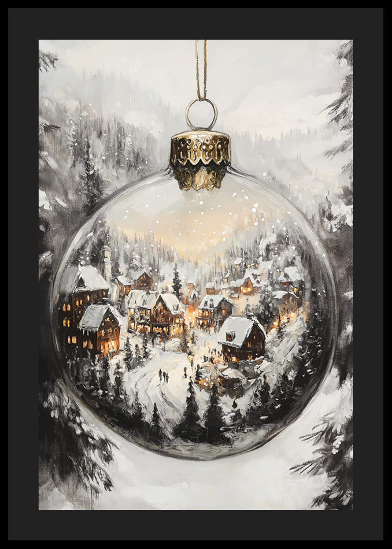 Globo di neve illustrato con villaggio invernale e case illuminate nella foresta-12