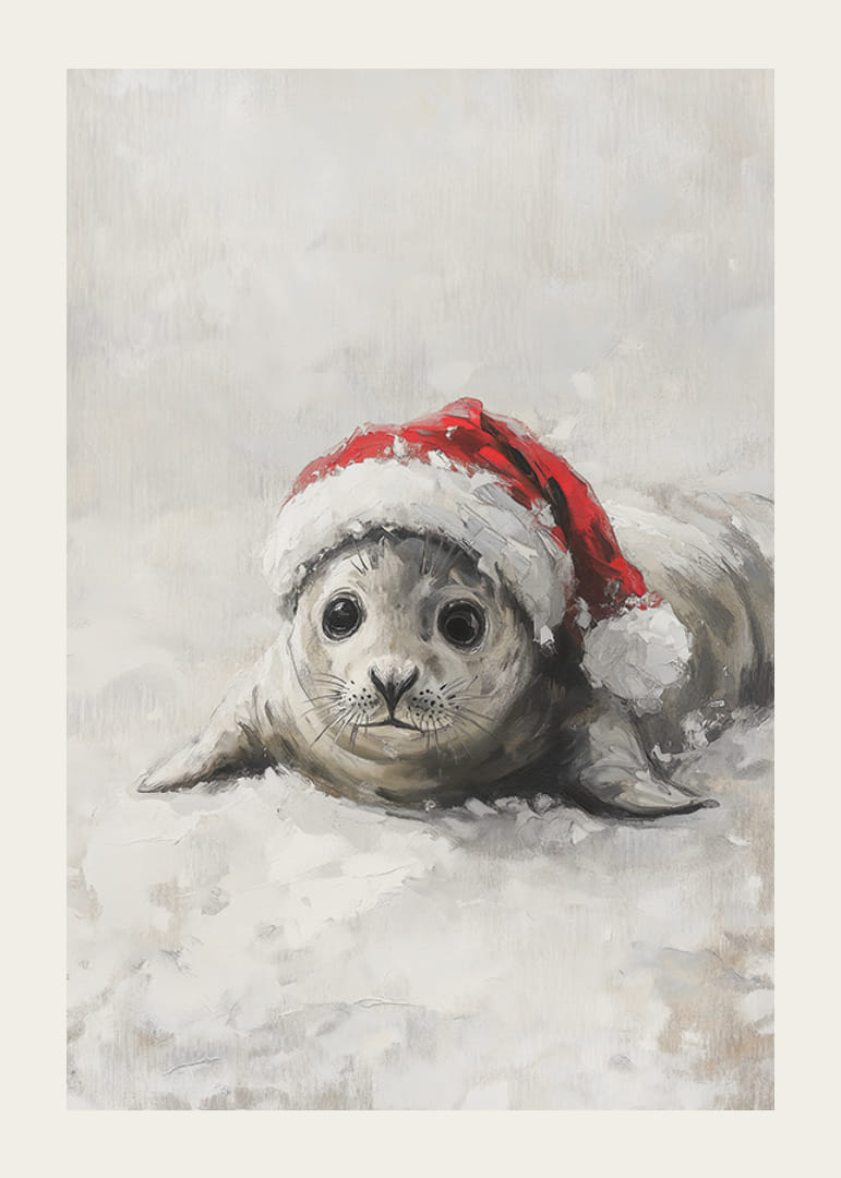 Bébé phoque illustré avec un bonnet de Père Noël sur un fond enneigé-12