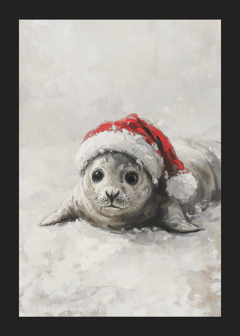 Bébé phoque illustré avec un bonnet de Père Noël sur un fond enneigé-12