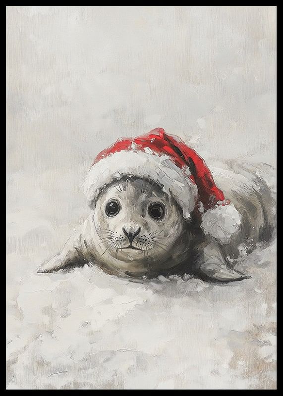 Plakat med et maleri af en sød babysæl iført julemandshue-12