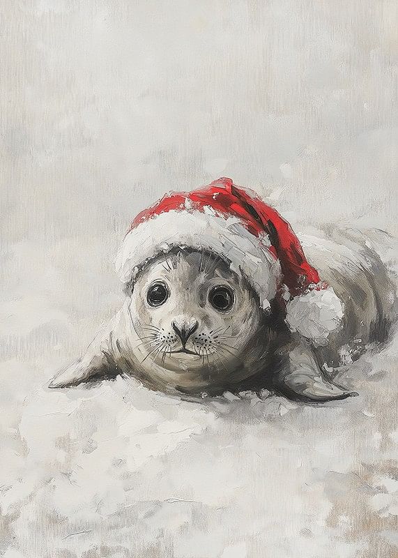 Plakat med et maleri af en sød babysæl iført julemandshue-12