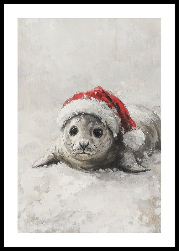 Plakat med et maleri af en sød babysæl iført julemandshue-12