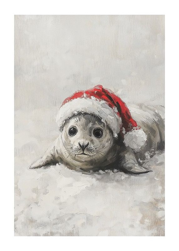 Plakat med et maleri af en sød babysæl iført julemandshue-12