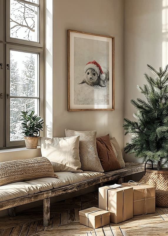 Plakat med et maleri af en sød babysæl iført julemandshue-12