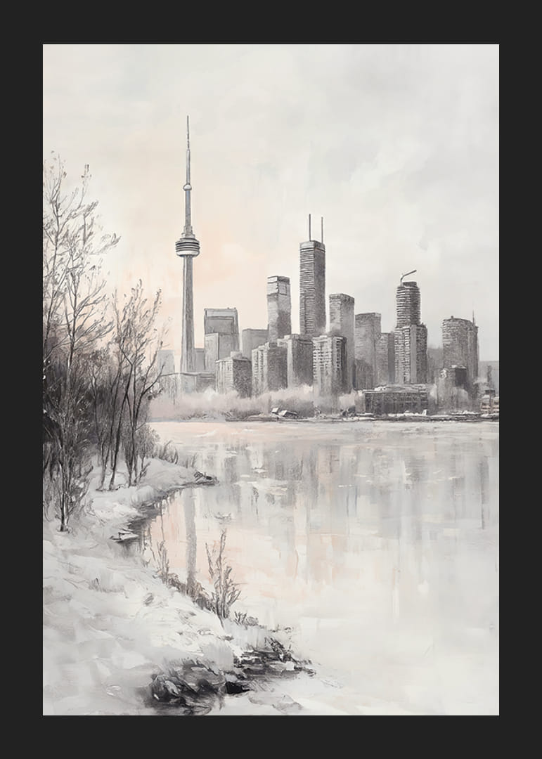Vedere pictată de iarnă a orizontului din Toronto cu Turnul CN-12
