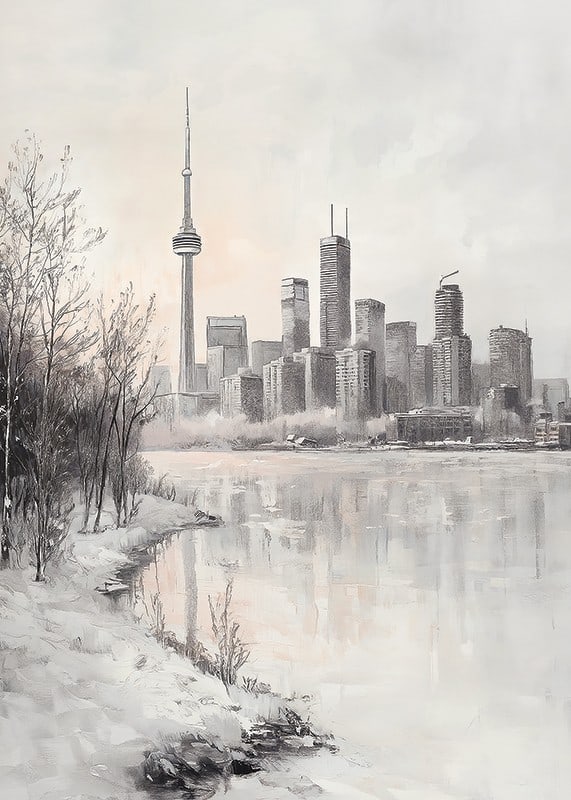 Painted winter view of Toronto skyline with CN Tower-12