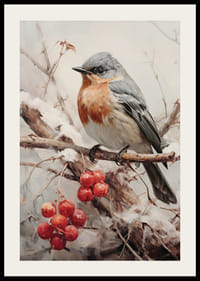 Illusztrált kismadár hófödte ágon piros bogyókkal-2