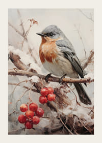 Illusztrált kismadár hófödte ágon piros bogyókkal-3