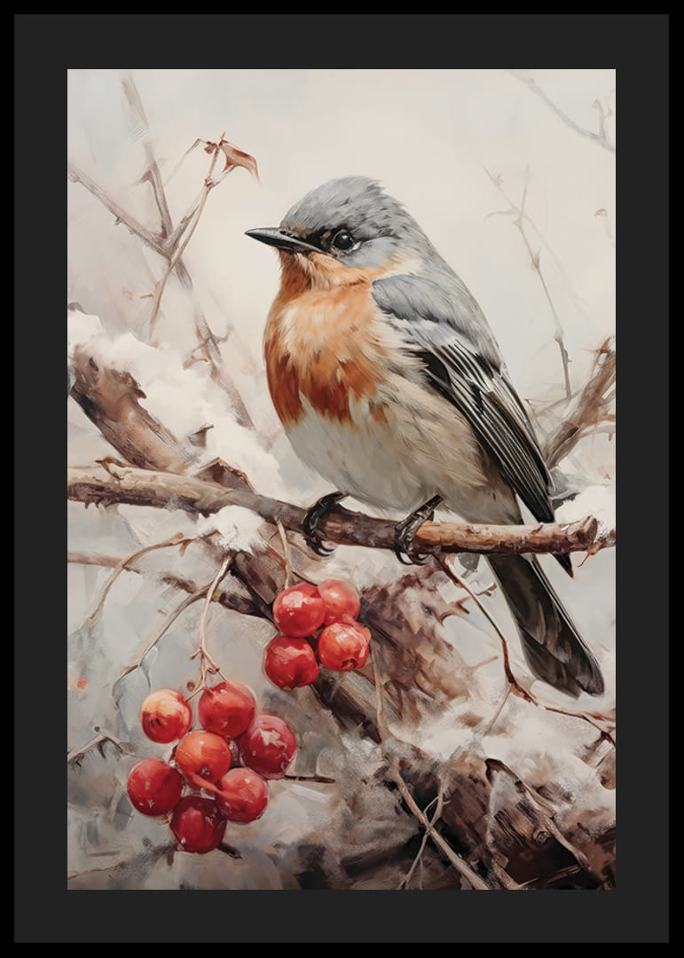 Illusztrált kismadár hófödte ágon piros bogyókkal-12