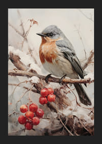 Illusztrált kismadár hófödte ágon piros bogyókkal-5
