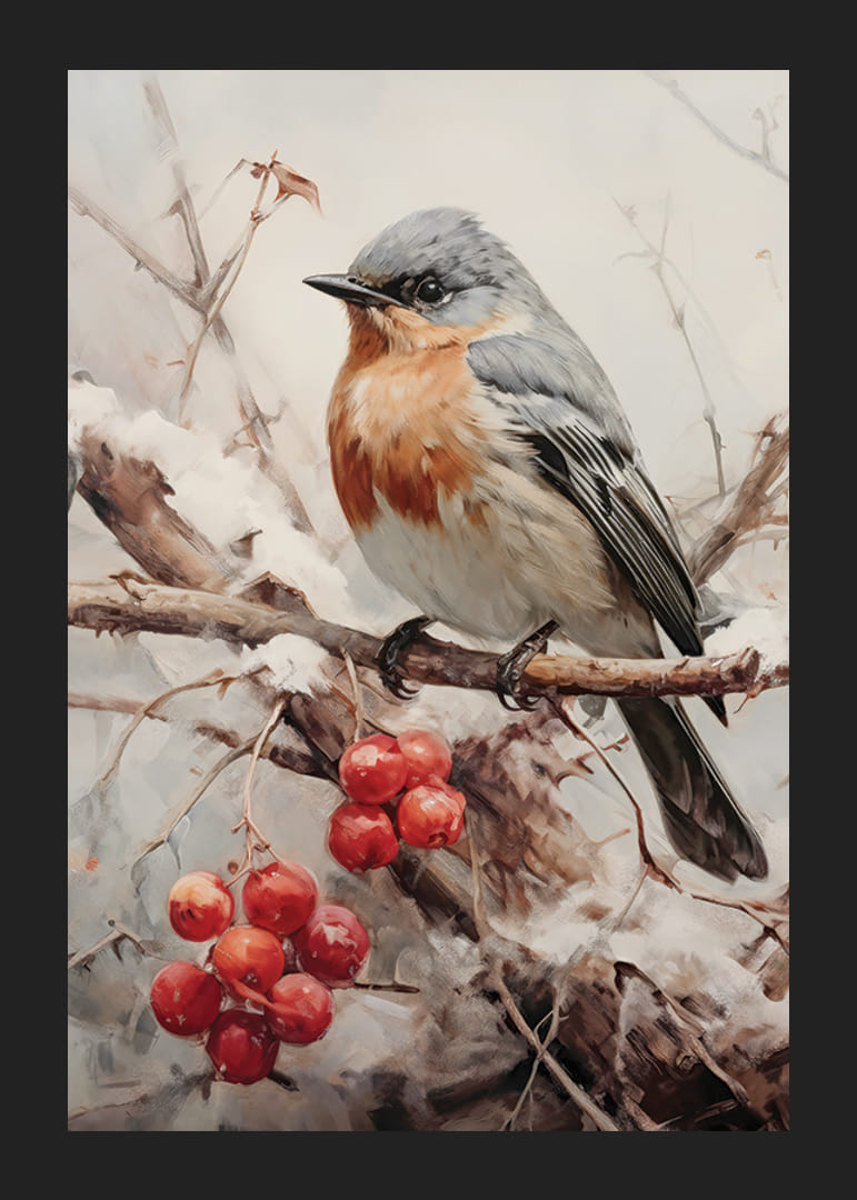 Illusztrált kismadár hófödte ágon piros bogyókkal-12