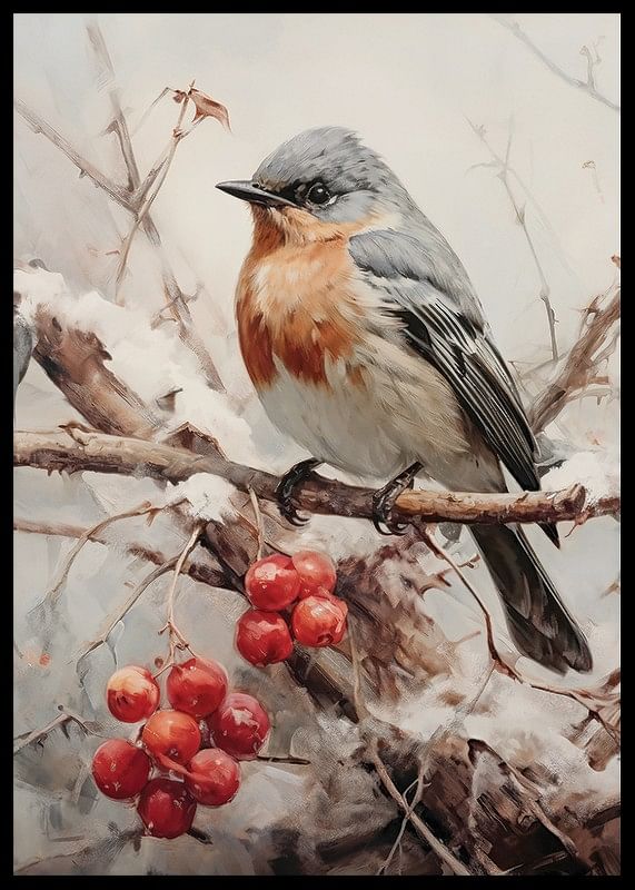 Affiche avec une peinture d'un oiseau sur des branches avec des fruits rouges-12