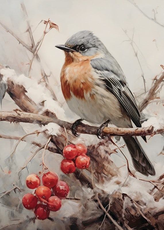 Illustrerad småfågel på snötäckt gren med röda bär-12