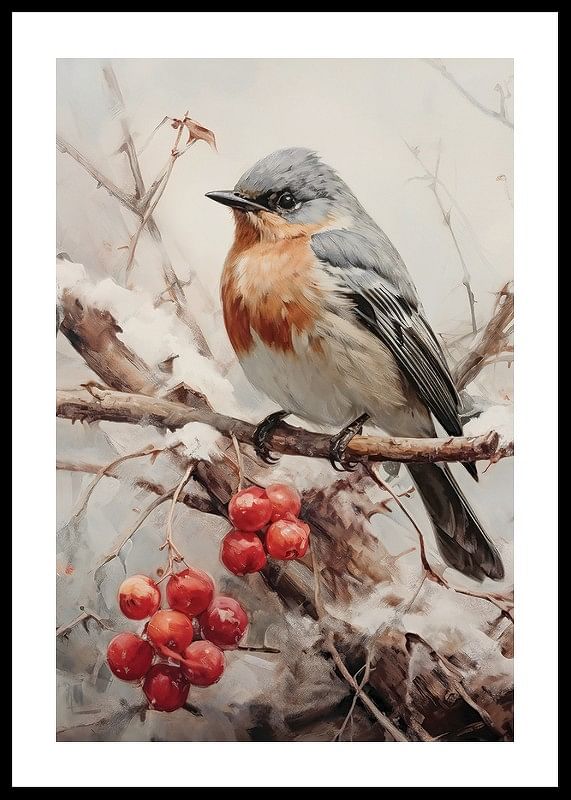 Affiche avec une peinture d'un oiseau sur des branches avec des fruits rouges-12