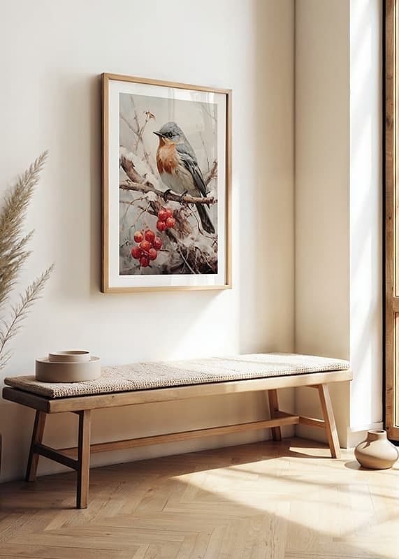 Affiche avec une peinture d'un oiseau sur des branches avec des fruits rouges-12
