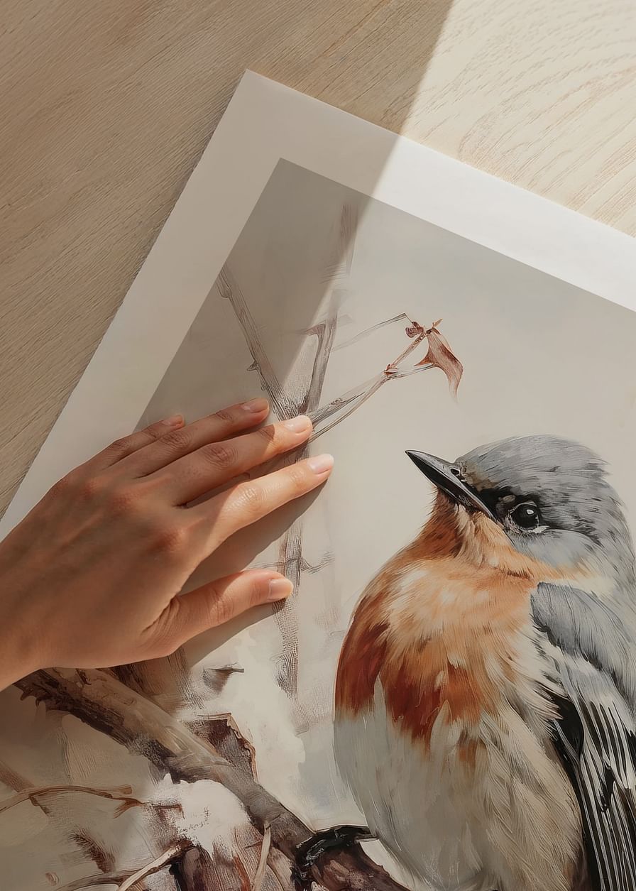 Affiche avec une peinture d'un oiseau sur des branches avec des fruits rouges-12