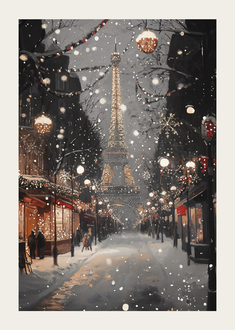 Poster with the Eiffel Tower in winter lighting on a snowy Parisian street-12