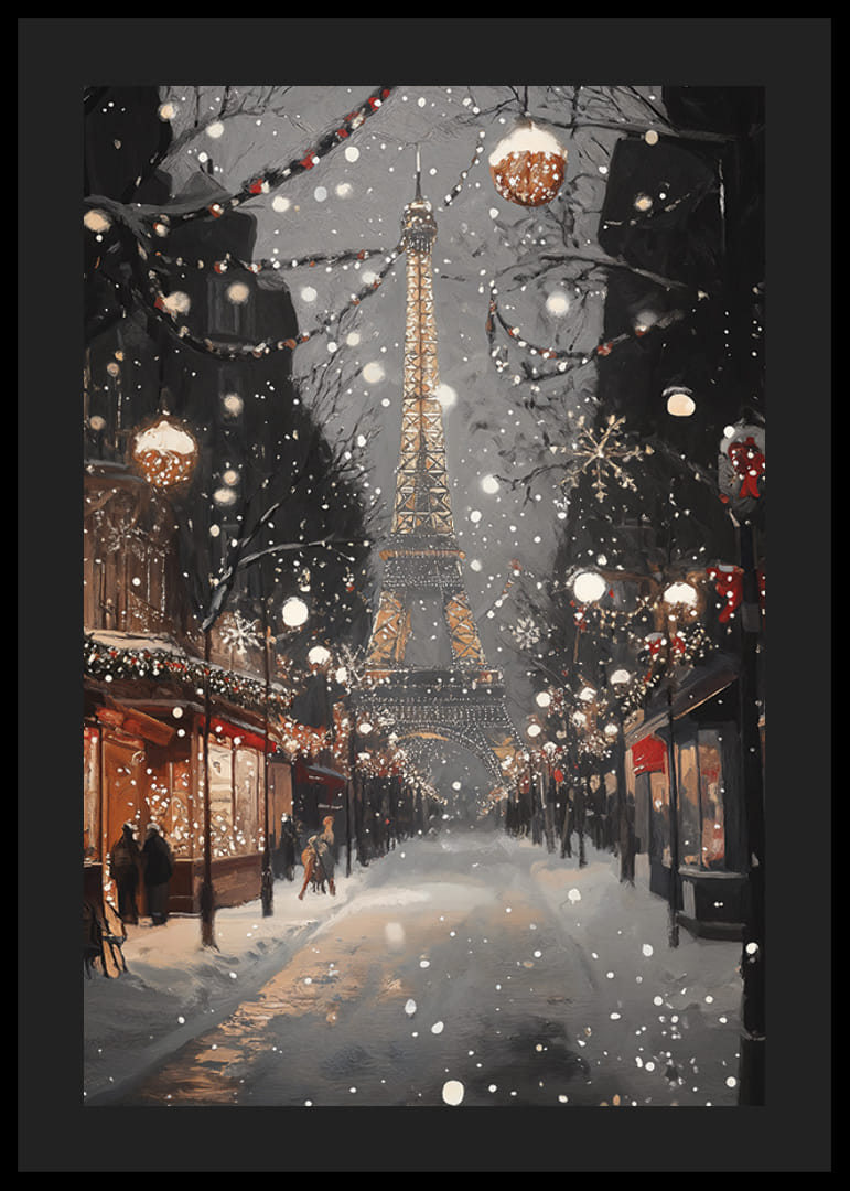 Poster with the Eiffel Tower in winter lighting on a snowy Parisian street-12