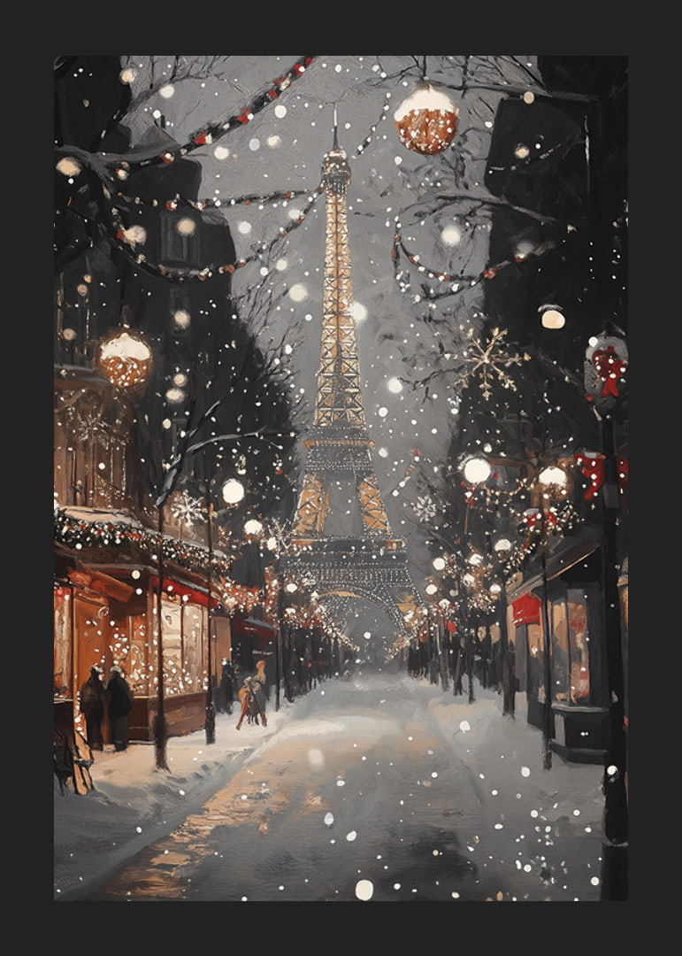 Poster with the Eiffel Tower in winter lighting on a snowy Parisian street-12