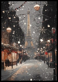 Poster with the Eiffel Tower in winter lighting on a snowy Parisian street-6